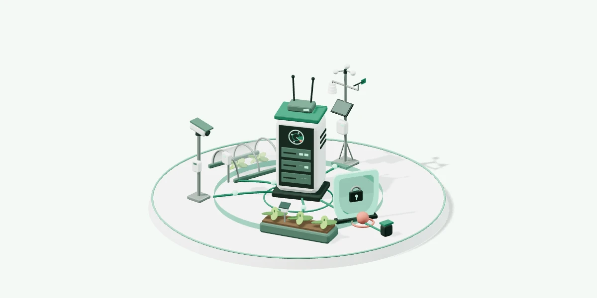 農場のIoT機器やサーバーの通信をAIが監視する立体イメージ